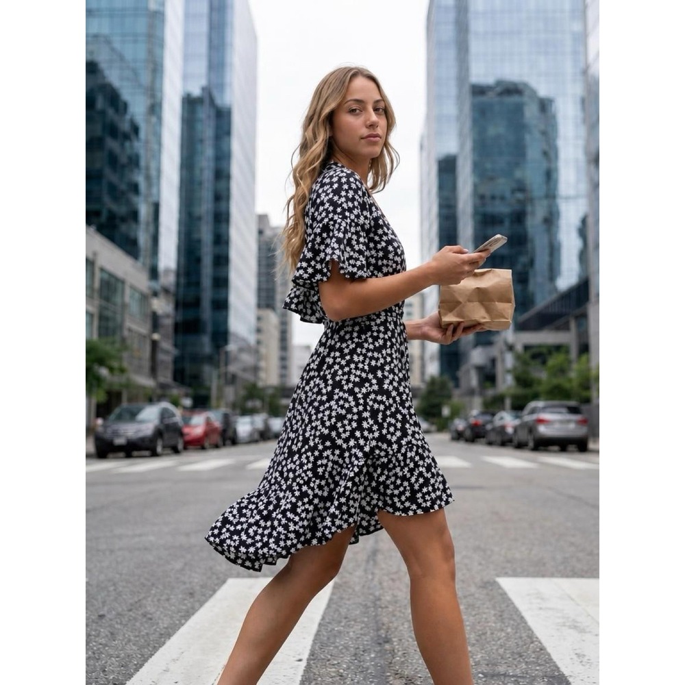 Max Studio Black White Floral Chiffon Wrap Belted Puff Sleeve Dress M